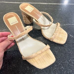 Dolce Vita Tan Heeled Sandals with Woven Strap (Raffia), Noles Heel
